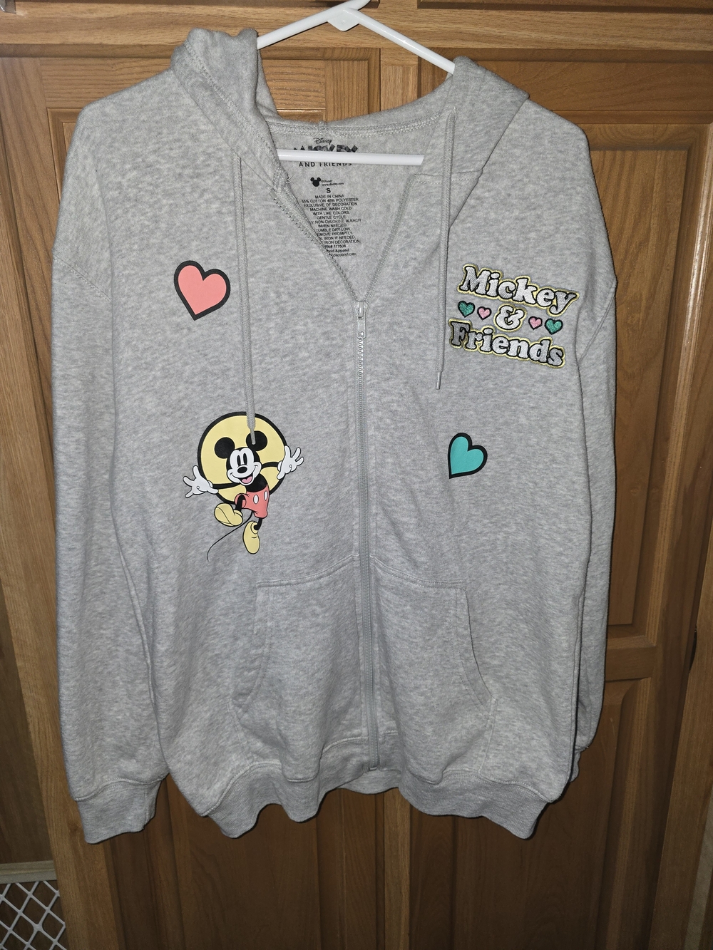 Disney Gray Mickey & Friends Zip-Up Hoodie with Colorful Hearts